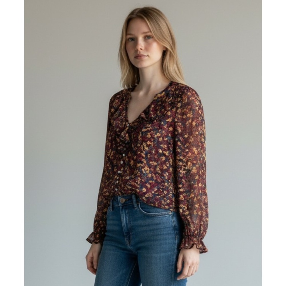 Frye Floral Ruffle Blouse Boho Prairie Romantic Long Sleeve Top Small